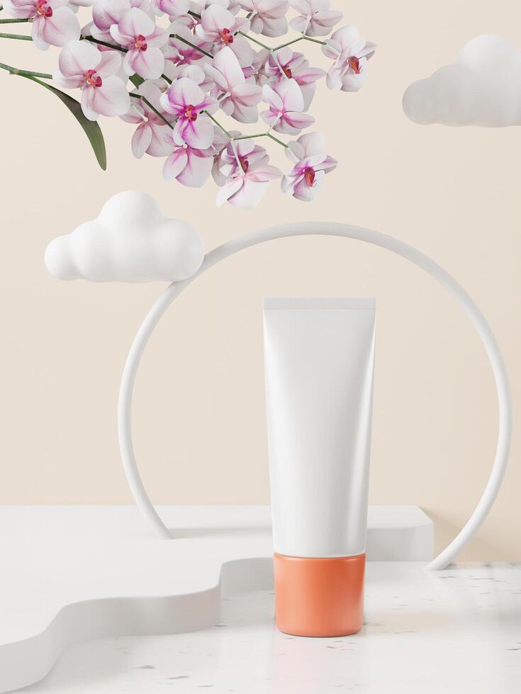 A mock up of realistic White blank cosmetic tube isolated on floral background, 3d rendering , 3D illustration photo