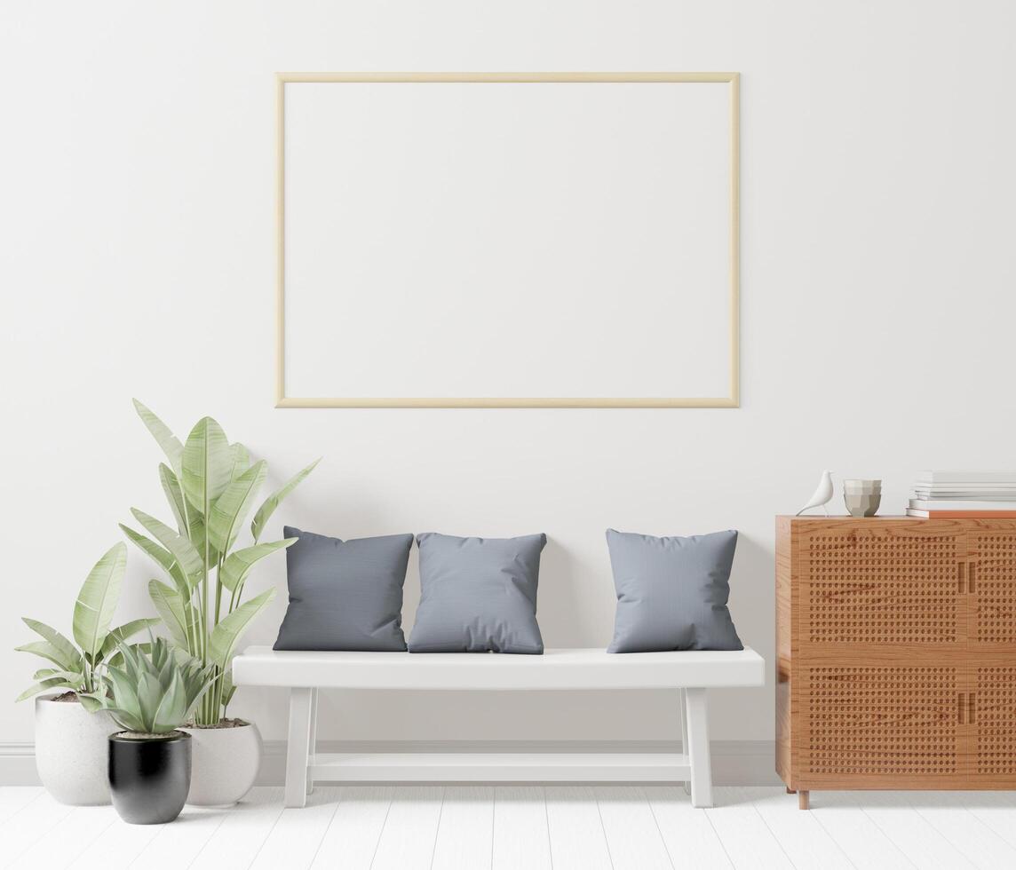 A mock up poster frame in modern interior background top of couch in living room with some trees, 3D render, 3D illustration photo