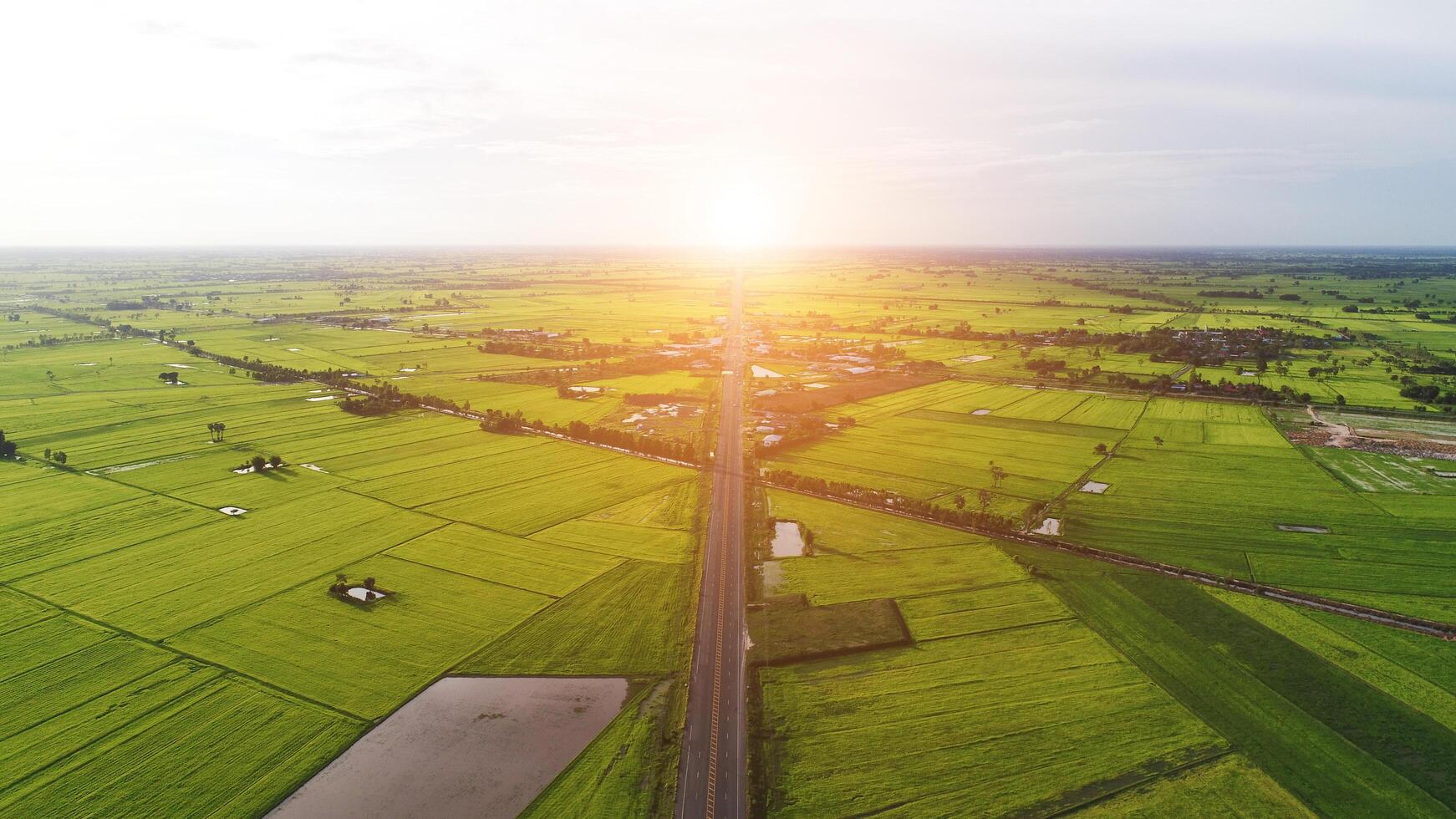 Aerial view over small village, Country roadside. photo