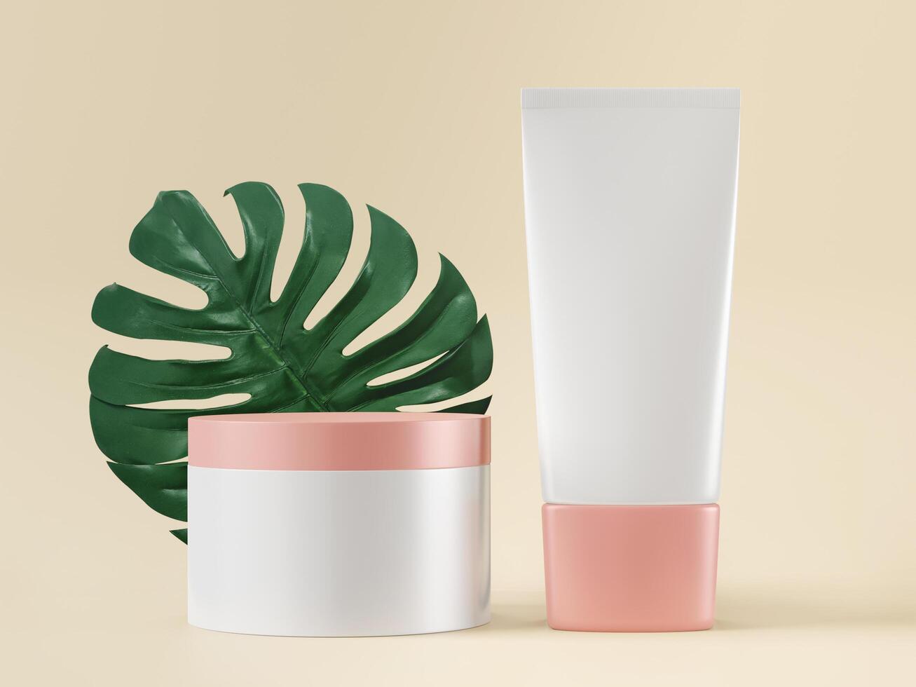 A mock up of couple realistic White blank cosmetic tube and jar isolated on light background with leaf, 3d rendering , 3D illustration photo