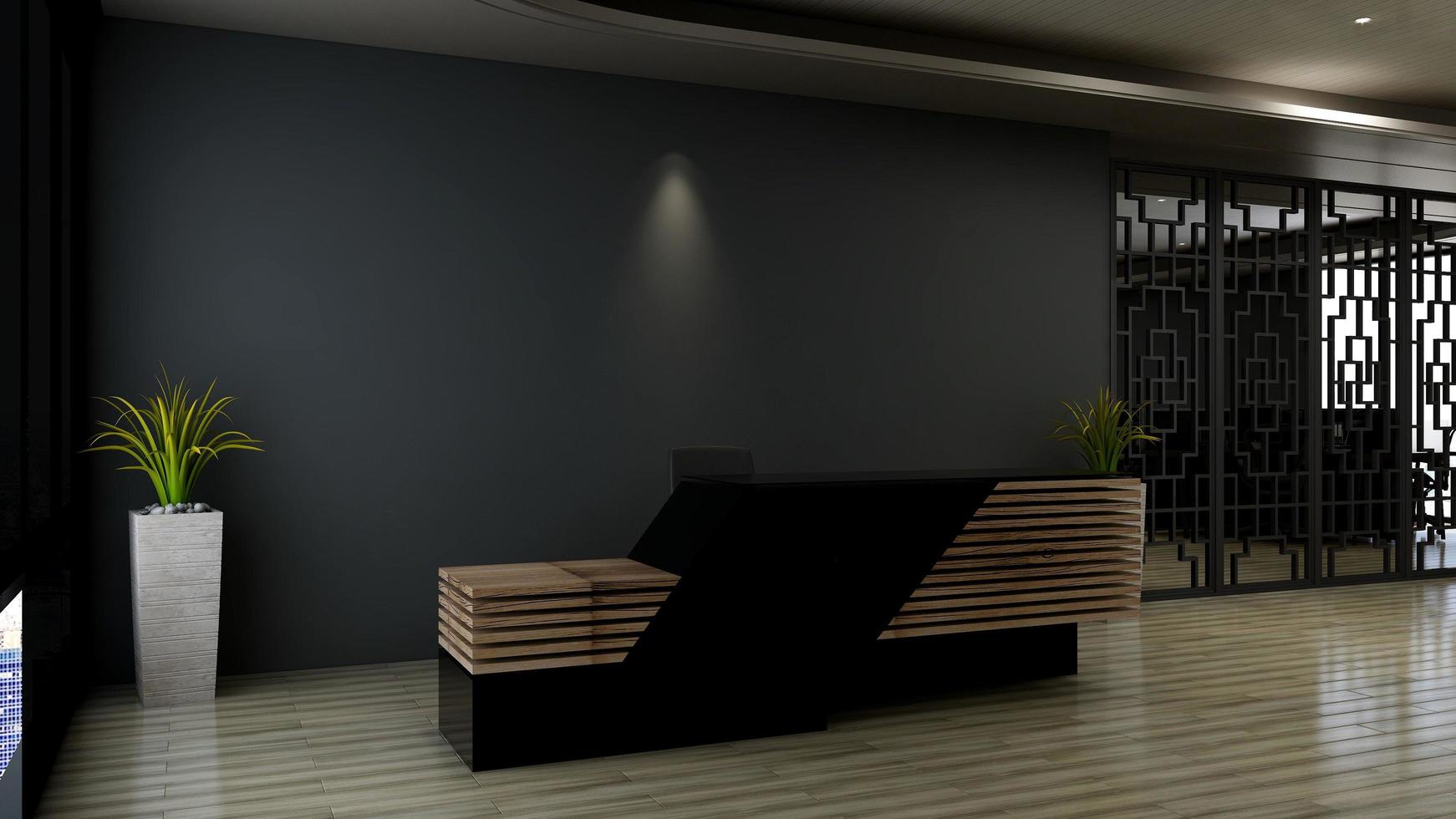 3D Rendering Modern Wooden Reception Room or Front Desk Mockup photo