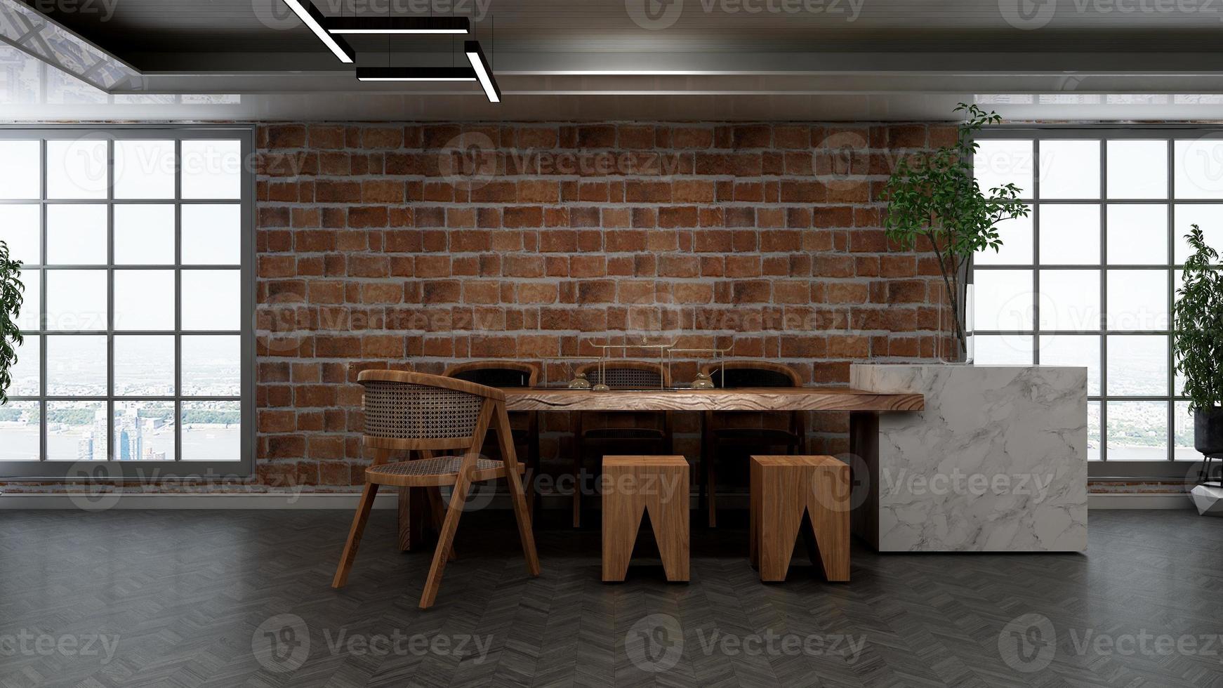 3d render restaurant or cafe for logo mockup with brick wall photo