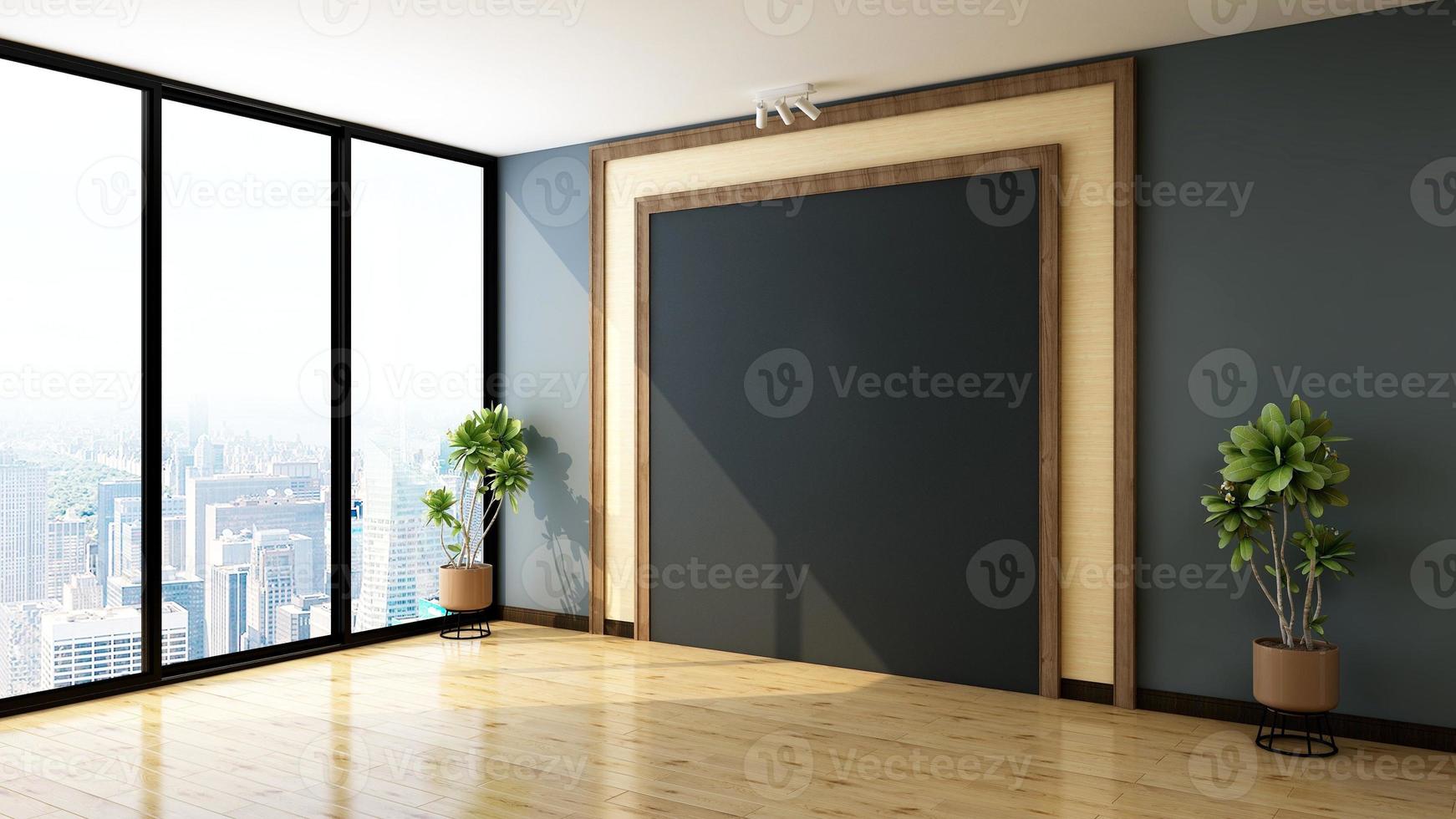 3d Render office wooden lobby waiting room for company wall logo mockup photo