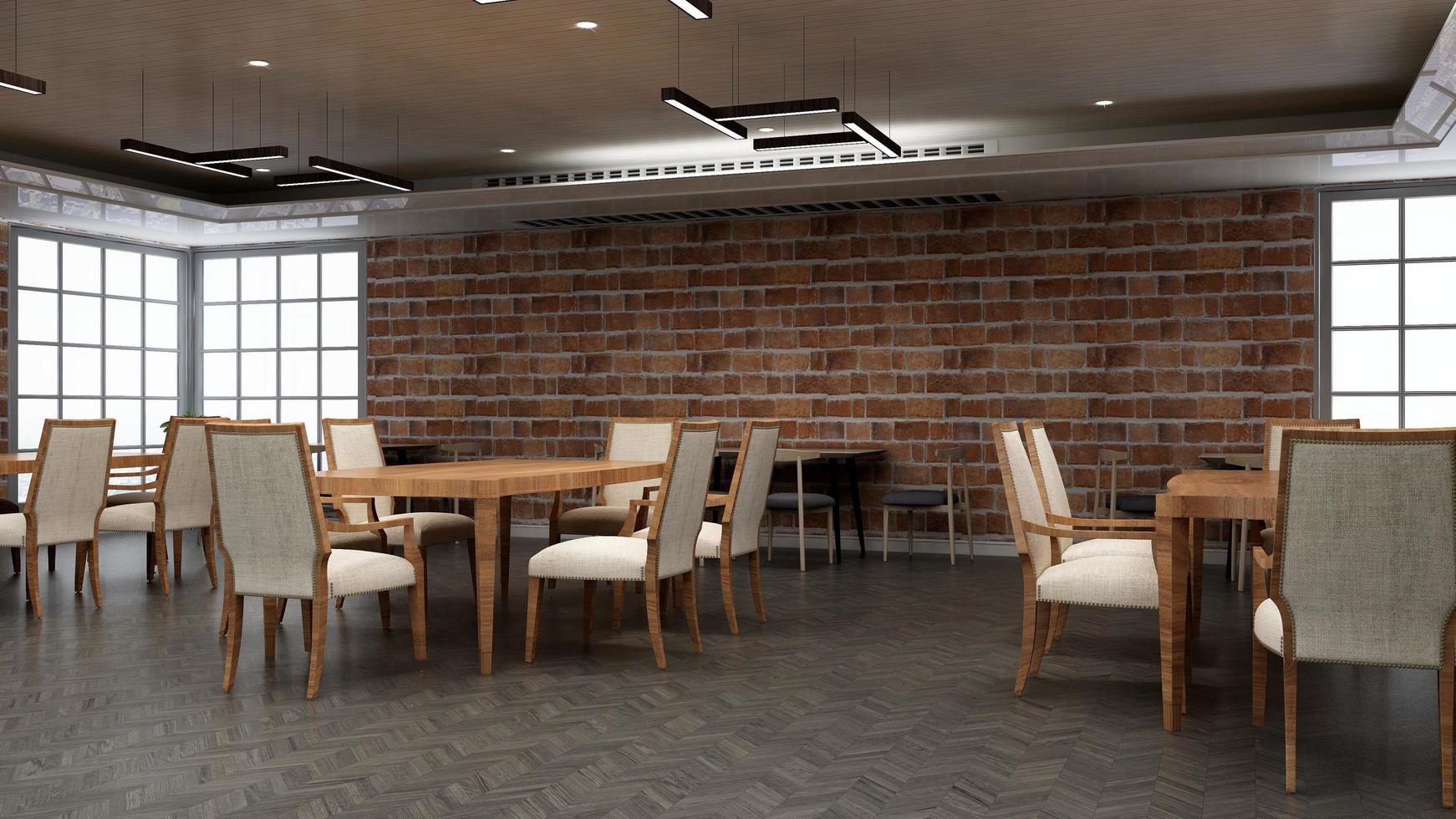 3d render restaurante o cafetería para maqueta de logotipo con pared de ladrillo foto
