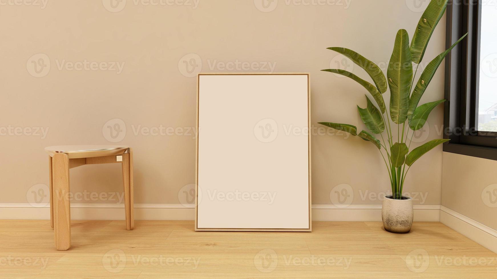 3D Render Blank frame mockup in modern minimalist interior design of living room photo