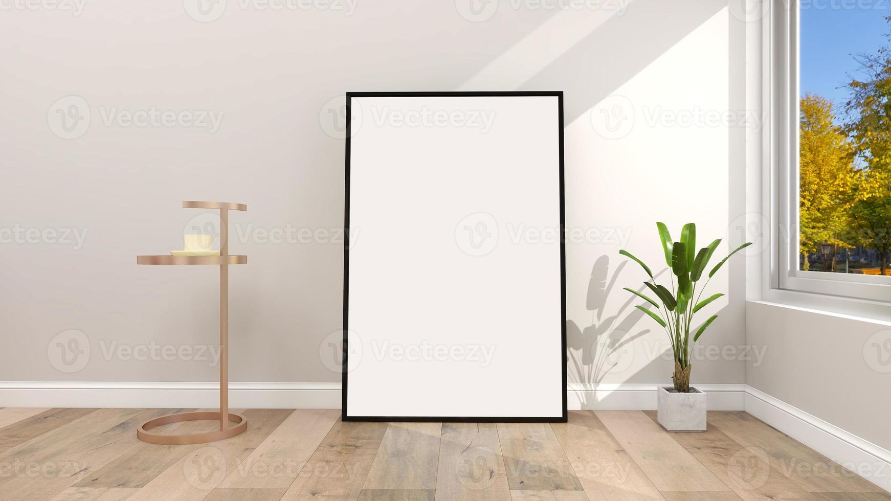 3D Render Blank frame mockup in modern minimalist interior design of living room photo