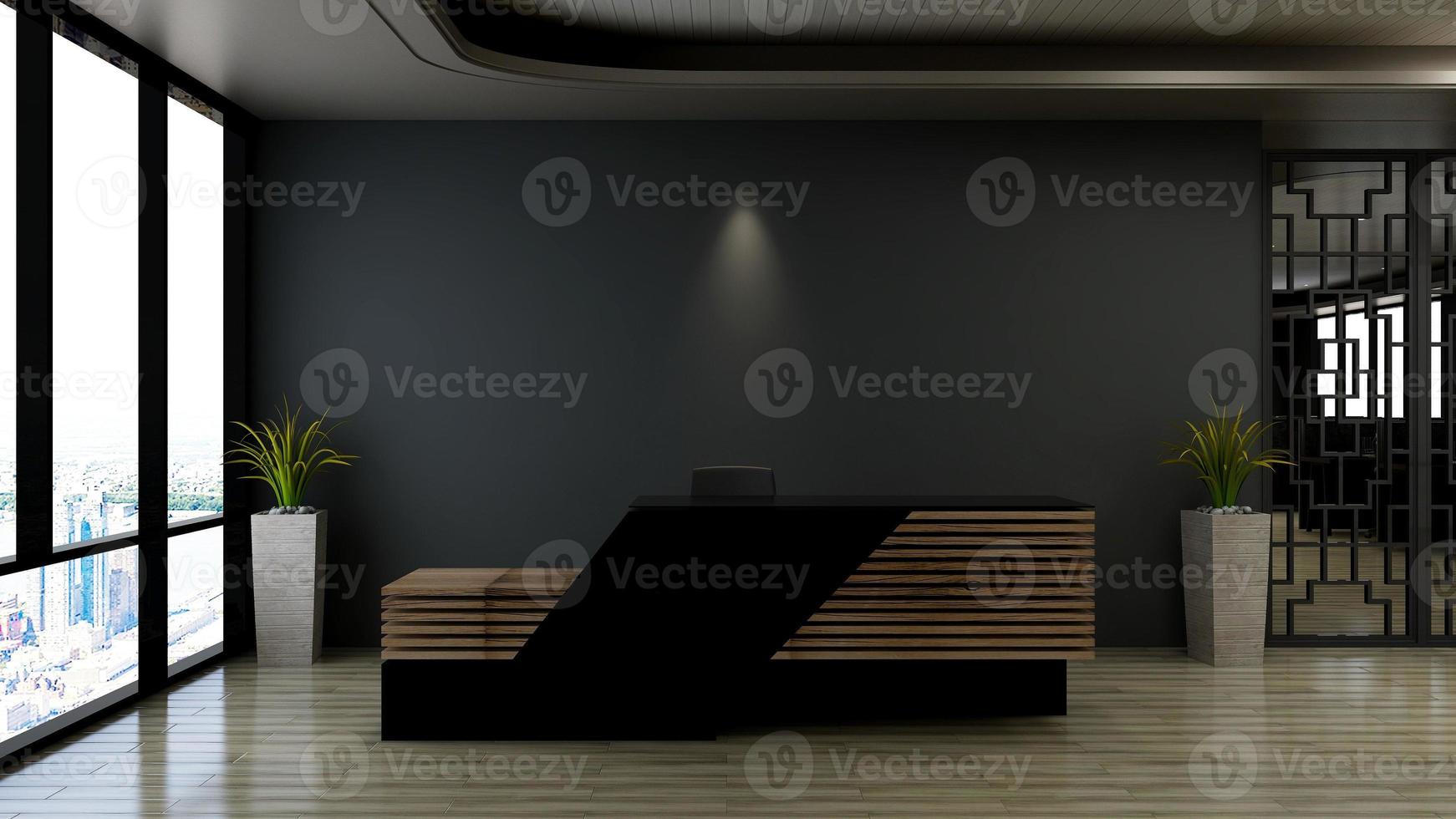 3D Rendering Modern Wooden Reception Room or Front Desk Mockup photo