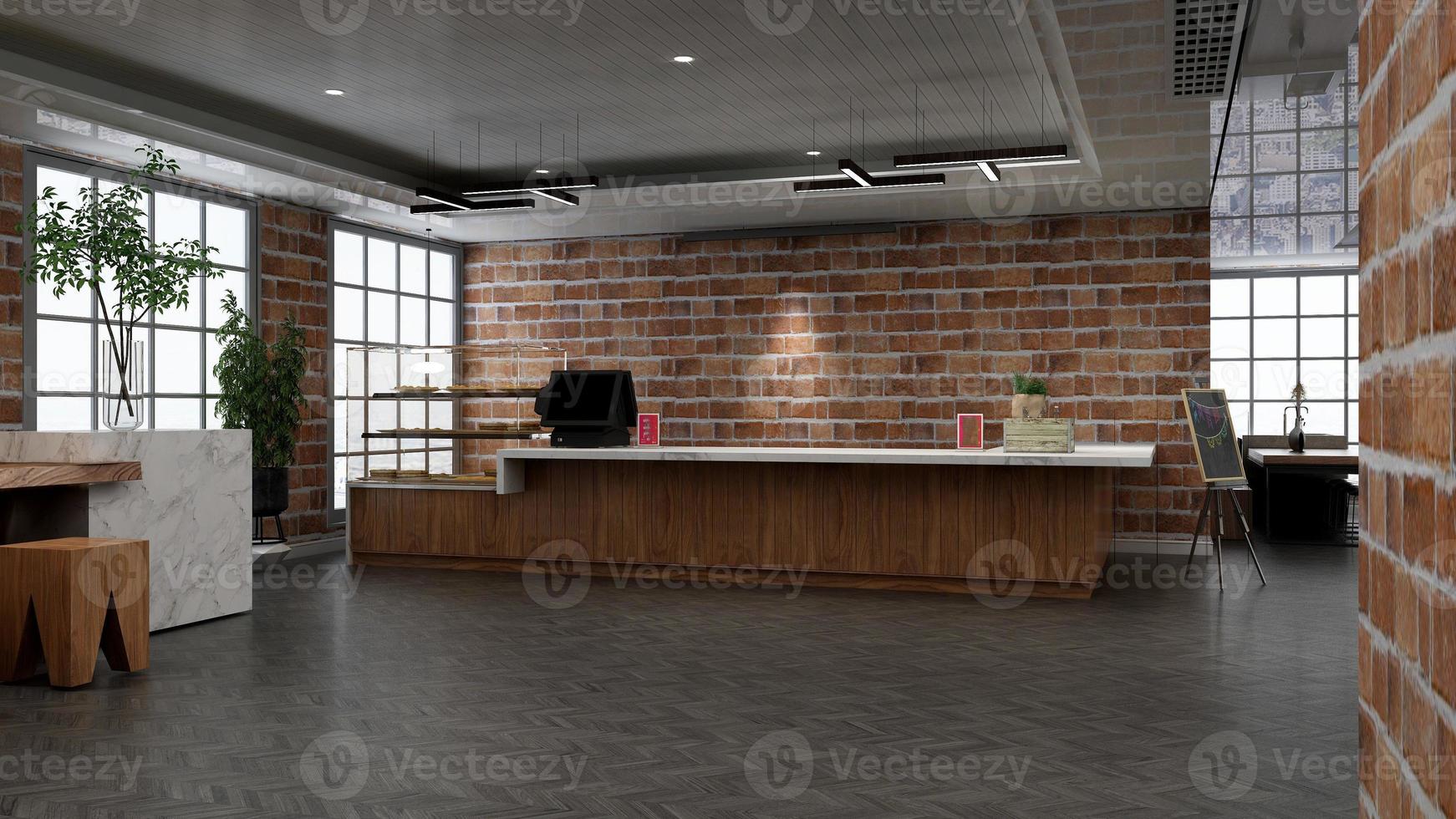 3d render restaurant or cafe for logo mockup with brick wall photo