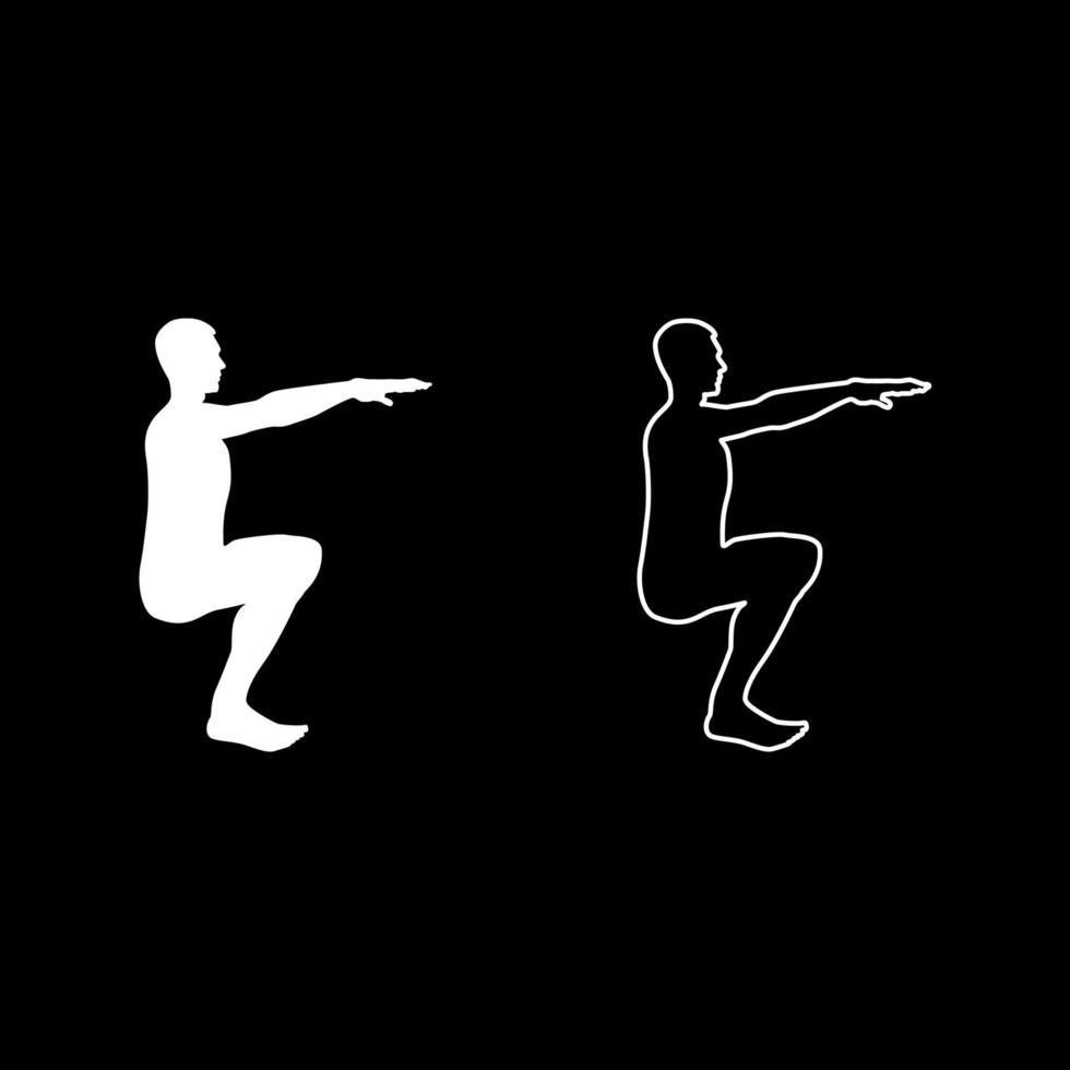 Crouching Man doing exercises crouches squat Sport action male Workout silhouette side view icon set white color illustration flat style simple image vector