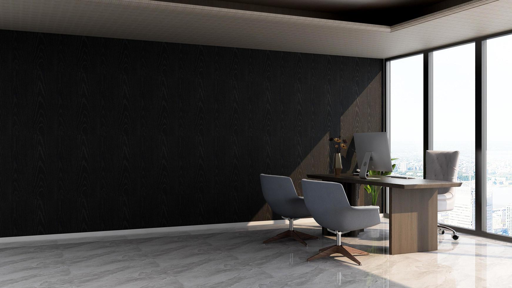 Sala minimalista de oficina de render 3d con interior de diseño de madera foto