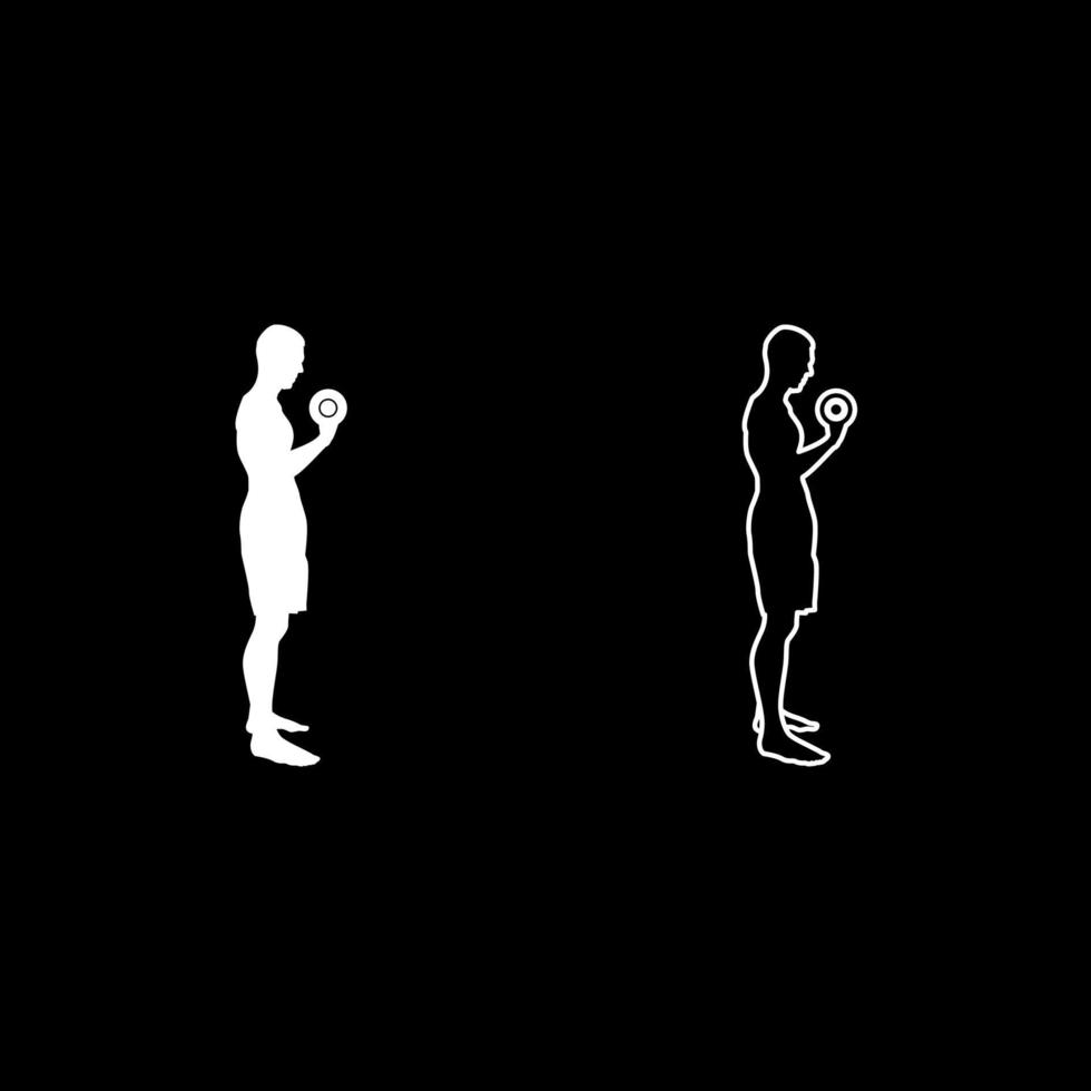 hombre haciendo ejercicios con pesas deporte acción entrenamiento masculino silueta vista lateral conjunto de iconos color blanco ilustración estilo plano simple imagen vector