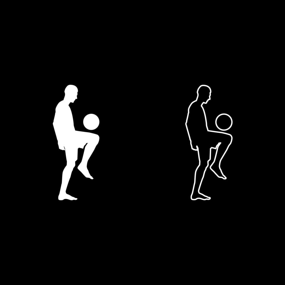 jugador de fútbol haciendo malabares con la pelota con la rodilla o mete la pelota en el pie conjunto de iconos de silueta ilustración de color blanco estilo plano imagen simple vector