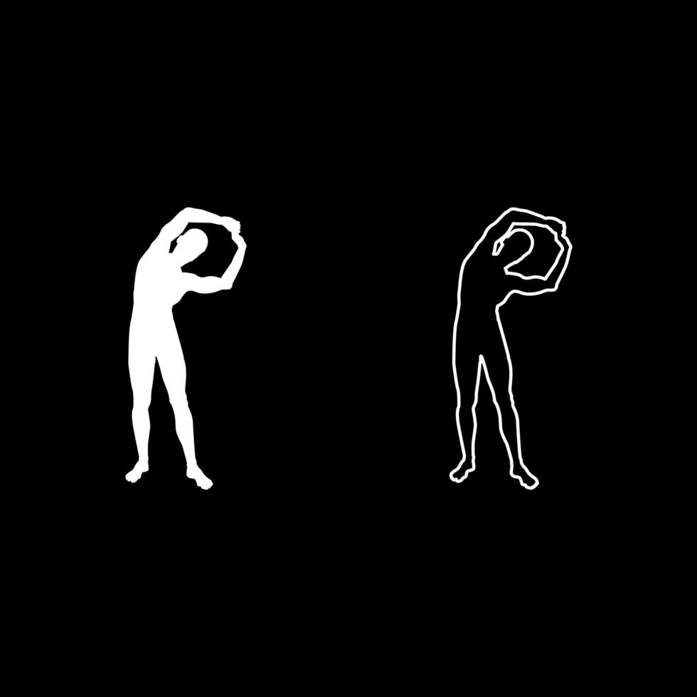 Man doing exercises tilts to the side Sport action male Workout silhouette yoga front view icon set white color illustration flat style simple image vector