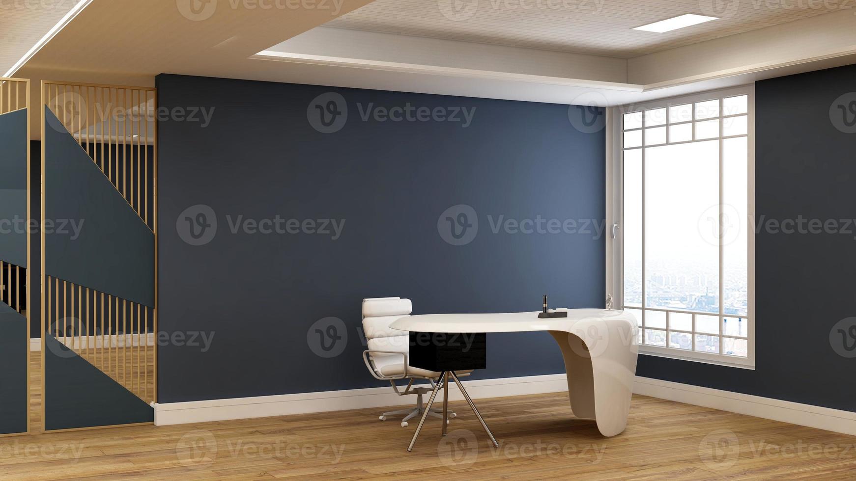 Sala de gerente de oficina de negocios moderna de renderizado 3d con interior de diseño 3d para maqueta de logotipo de pared de empresa foto