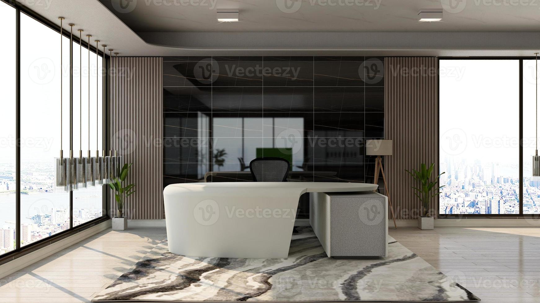 3D Rendering Futuristic Reception Room or Front Desk Mockup photo