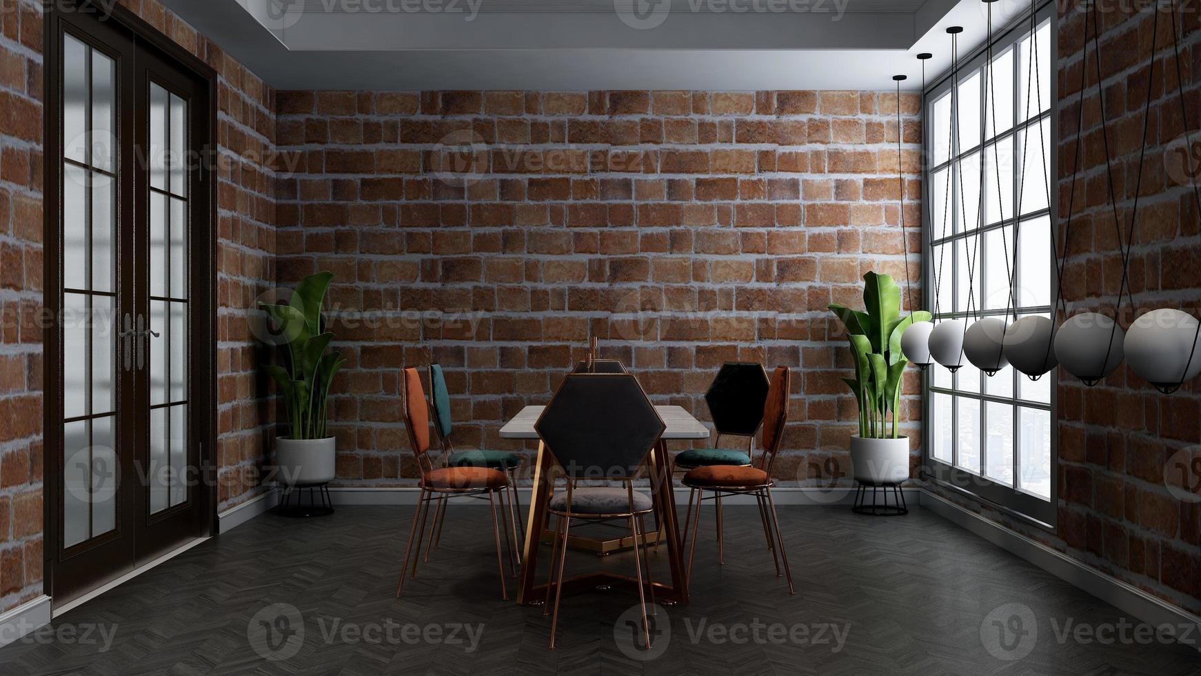 3d render restaurant or cafe for logo mockup with brick wall photo