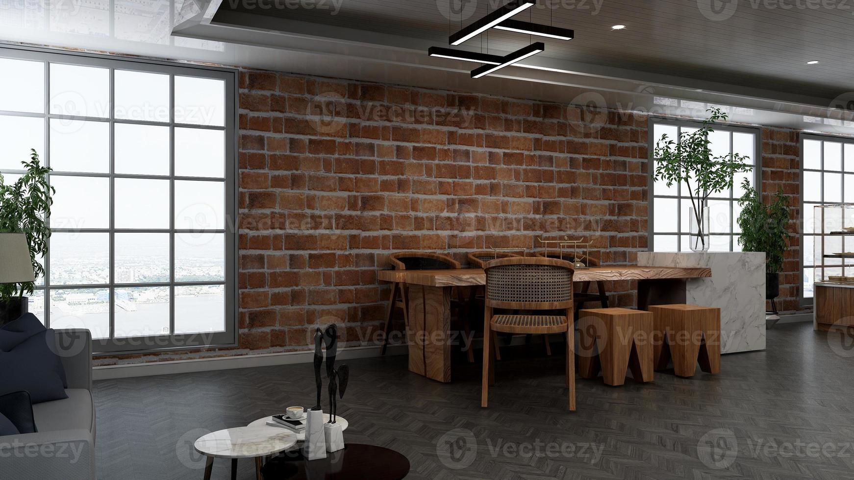 3d render restaurant or cafe for logo mockup with brick wall photo