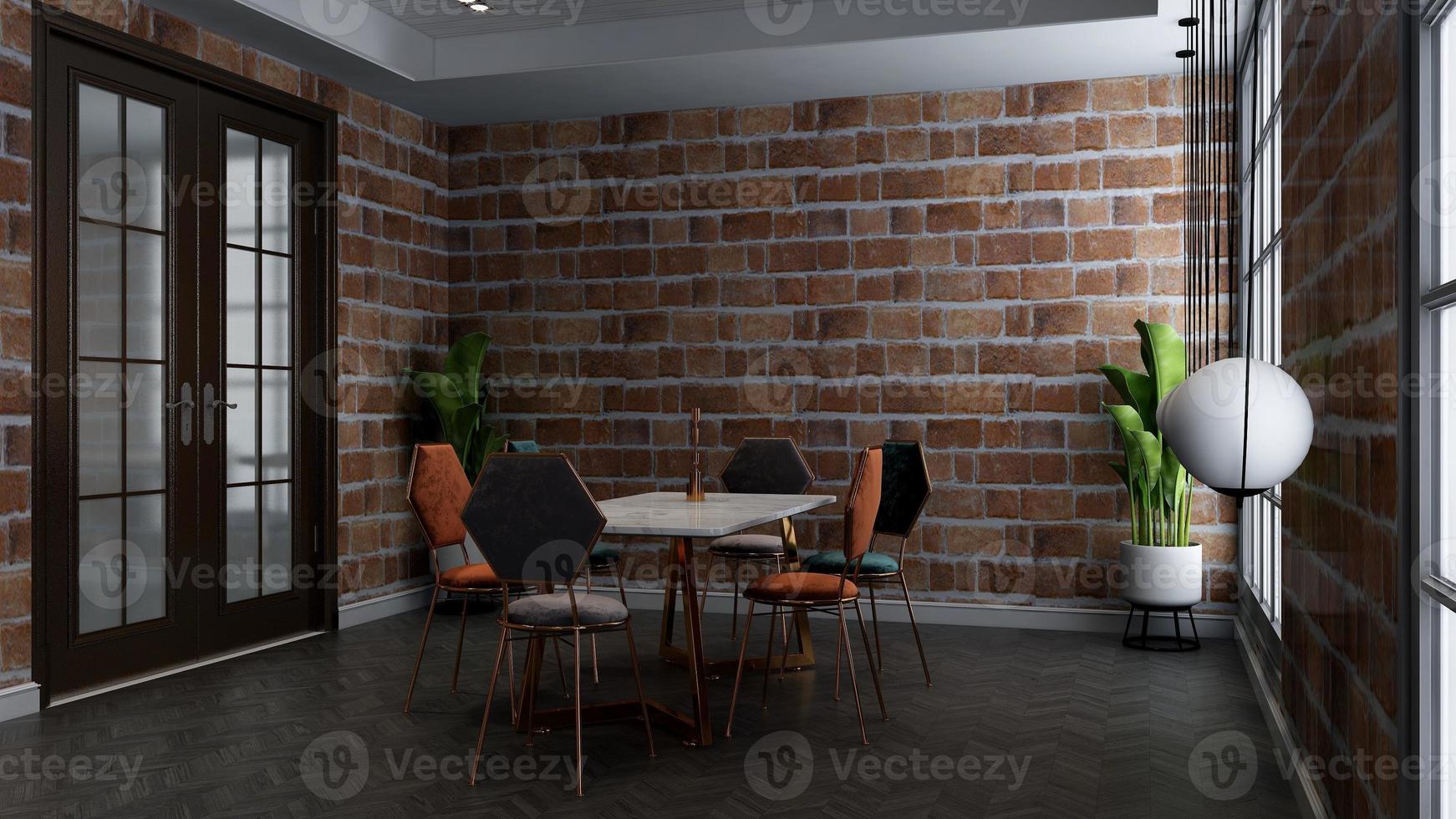 3d render restaurant or cafe for logo mockup with brick wall photo