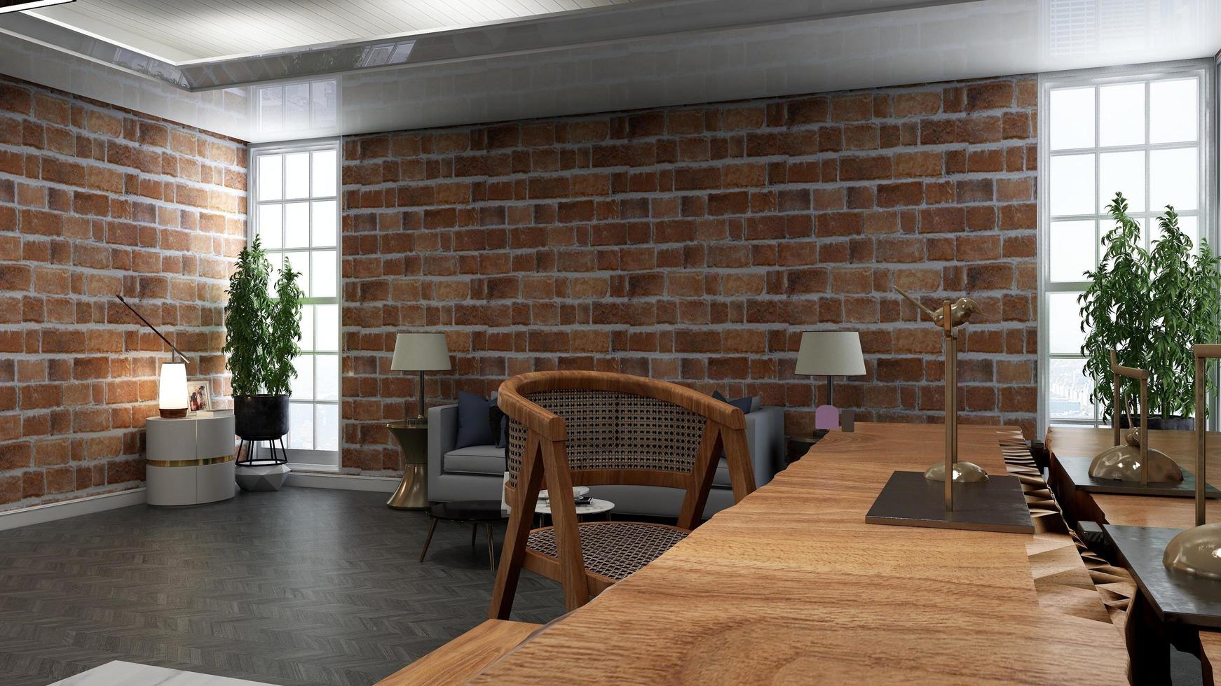 3d render restaurant or cafe for logo mockup with brick wall photo