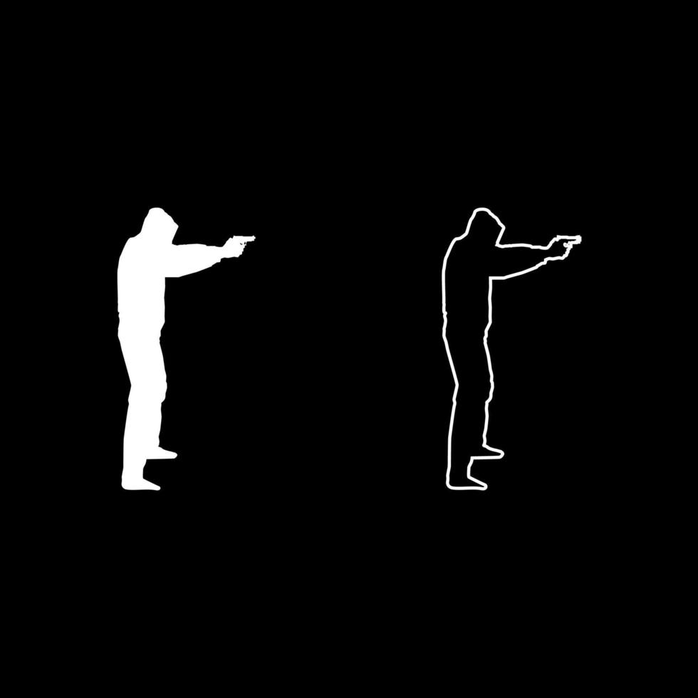 hombre en el capó con pistola concepto peligro brazos extendidos conjunto de iconos color blanco ilustración estilo plano simple imagen vector