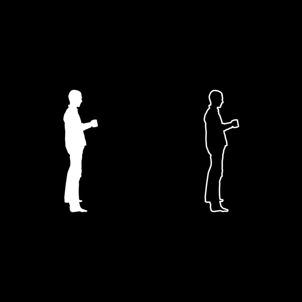 Man with mug standing icon set white color illustration flat style simple image vector