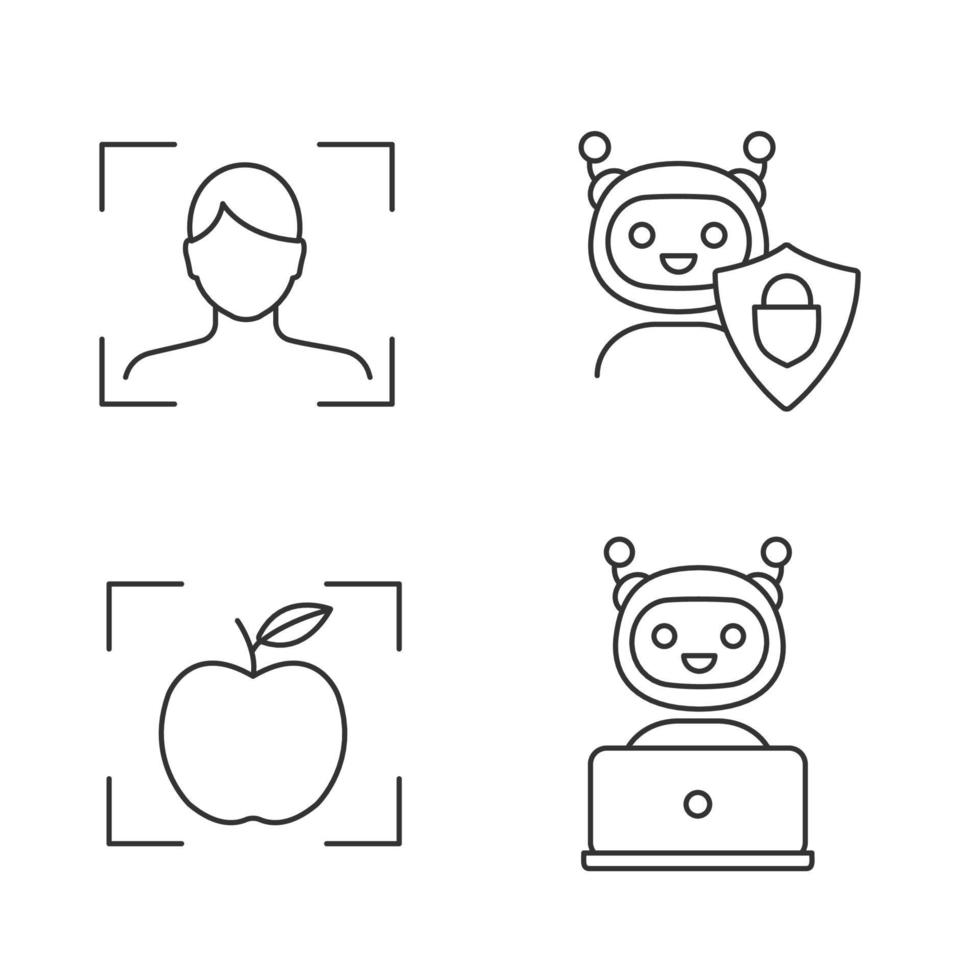 Machine learning linear icons set. Facial recognition, secured chatbot, object detection app, chat bot. Thin line contour symbols. Isolated vector outline illustrations. Editable stroke