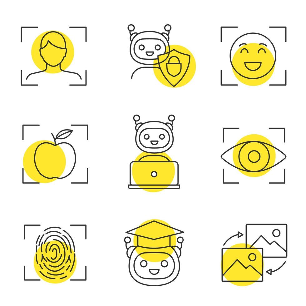 Machine learning linear icons set. Artificial intelligence. Chatbot, face, retina, fingerprint identification. Thin line contour symbols with yellow circles. Isolated vector outline illustrations