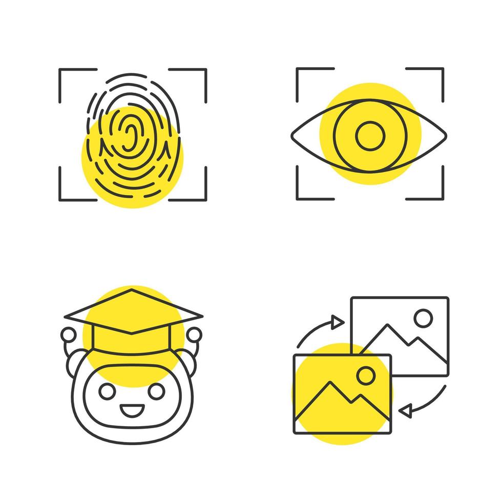 Machine learning linear icons set. Fingerprint scanning, iris recognition, teacher bot, data transforming. Thin line contour symbols with yellow circles. Isolated vector outline illustrations