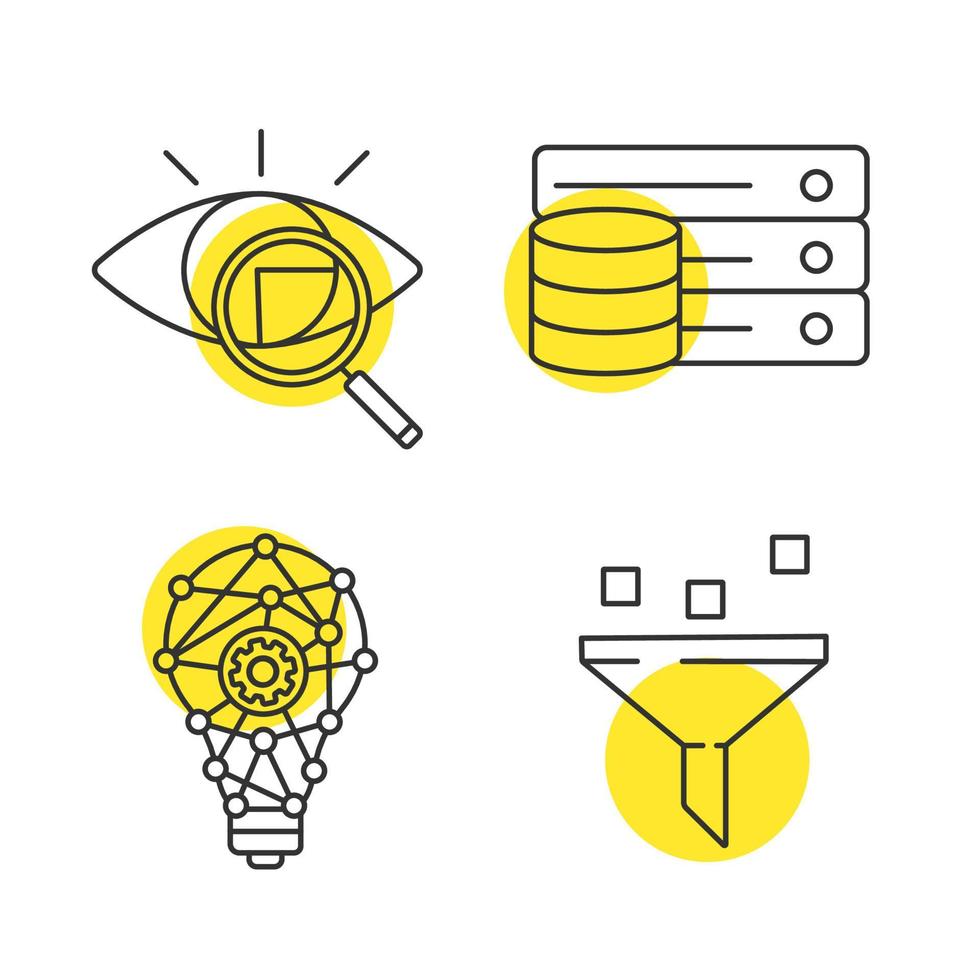 conjunto de iconos lineales de aprendizaje automático. escaneo de retina, base de datos, proceso de innovación, filtrado de datos. símbolos de contorno de línea delgada con círculos amarillos. Ilustraciones de vectores aislados