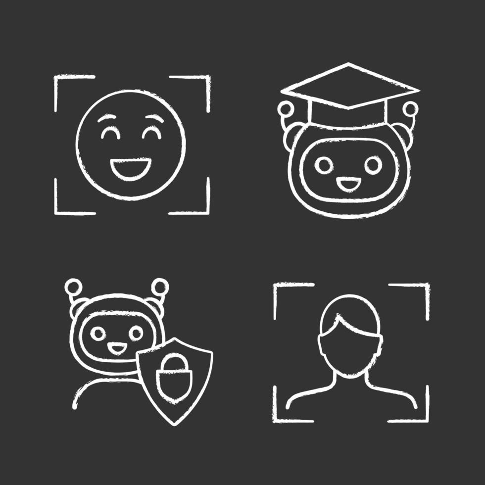 Machine learning chalk icons set. Emotion detection, facial recognition, teacher bot, secured chatbot. Isolated vector chalkboard illustrations