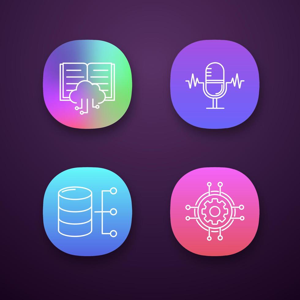 Machine learning app icons set. Voice recognition, cloud computing, relational database, digital settings. UI UX user interface. Web or mobile applications. Vector isolated illustrations