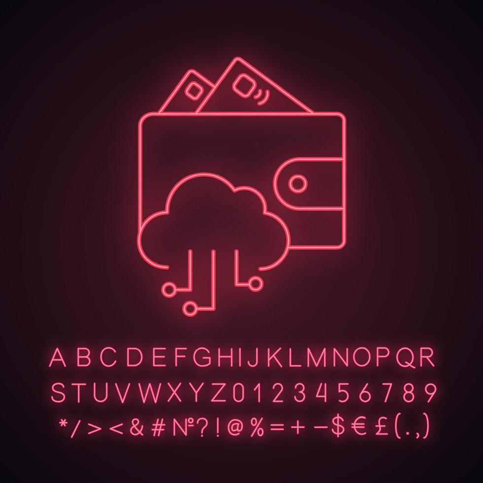 E-wallet neon light icon. Online money. Glowing sign with alphabet, numbers and symbols. E-payment. Digital wallet and cashless payments. Cloud computing. Vector isolated illustration
