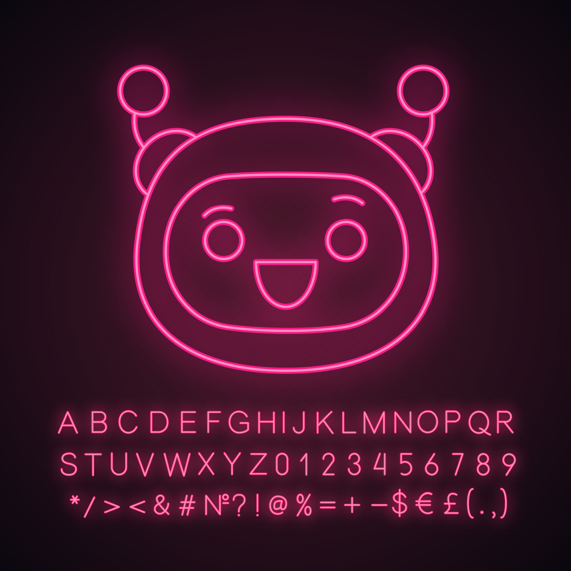 Excited robot emoji neon light icon. Laughing chatbot smiley with broad