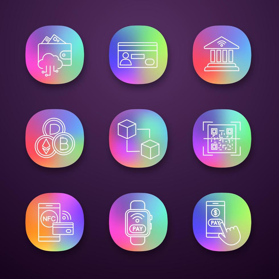 E-payment app icons set. Electronic money. Cashless and contactless payments. Digital purchase. Online banking. UI UX user interface. Web or mobile applications. Vector isolated illustrations