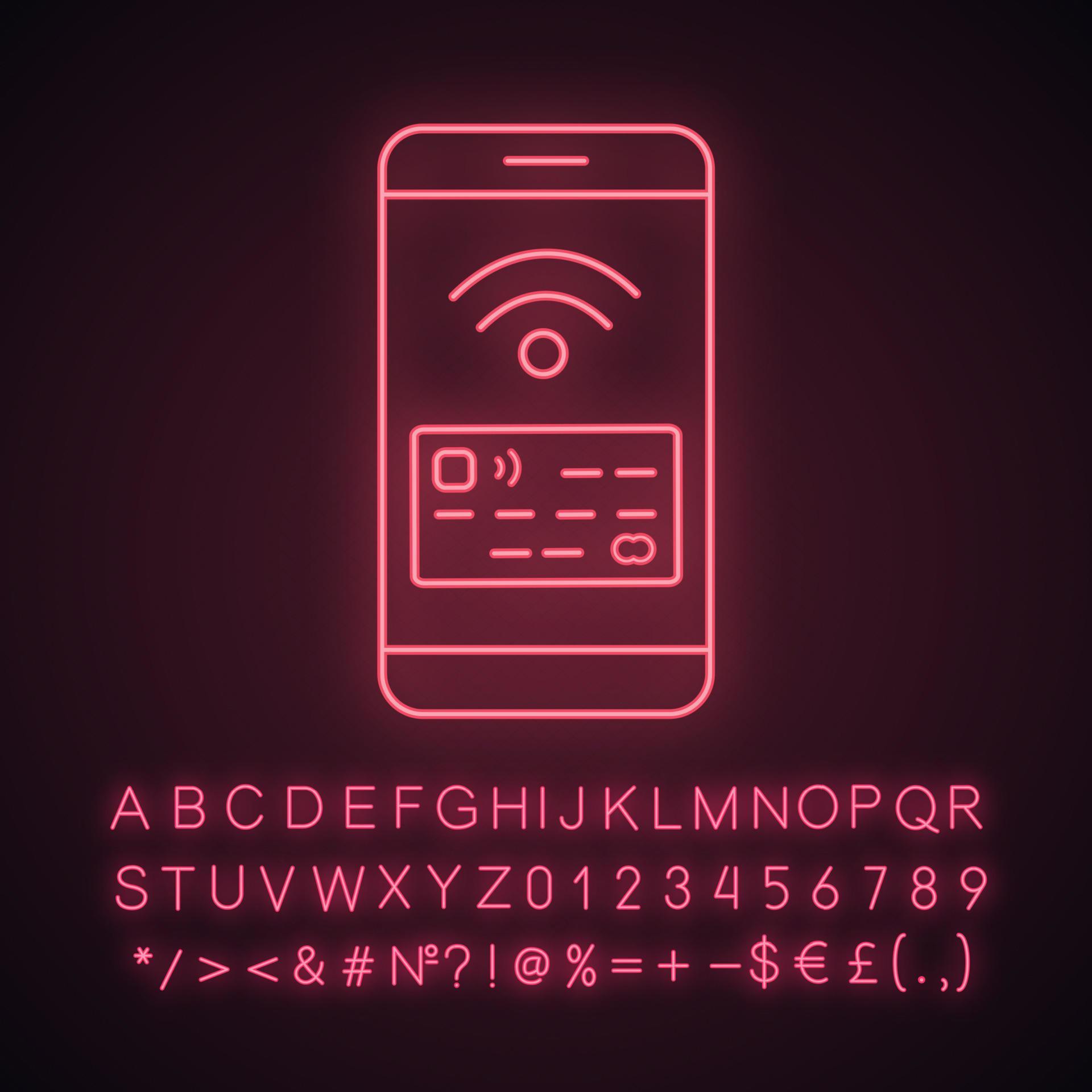 NFC smartphone signal neon light icon. NFC phone. Mobile phone