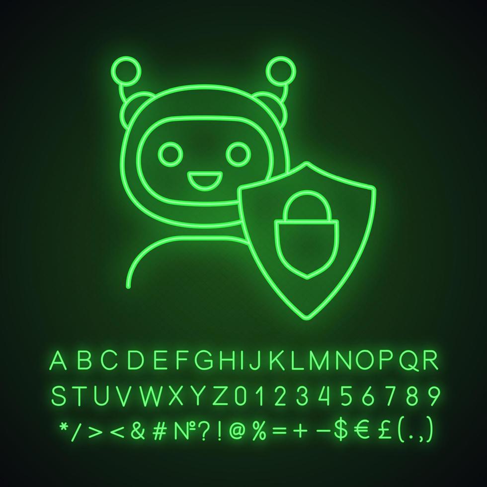 Secured chatbot neon light icon. Confidential bot dialog. Glowing sign with alphabet, numbers and symbols. Virtual support service. Chat bot with shield and padlock. Vector isolated illustration
