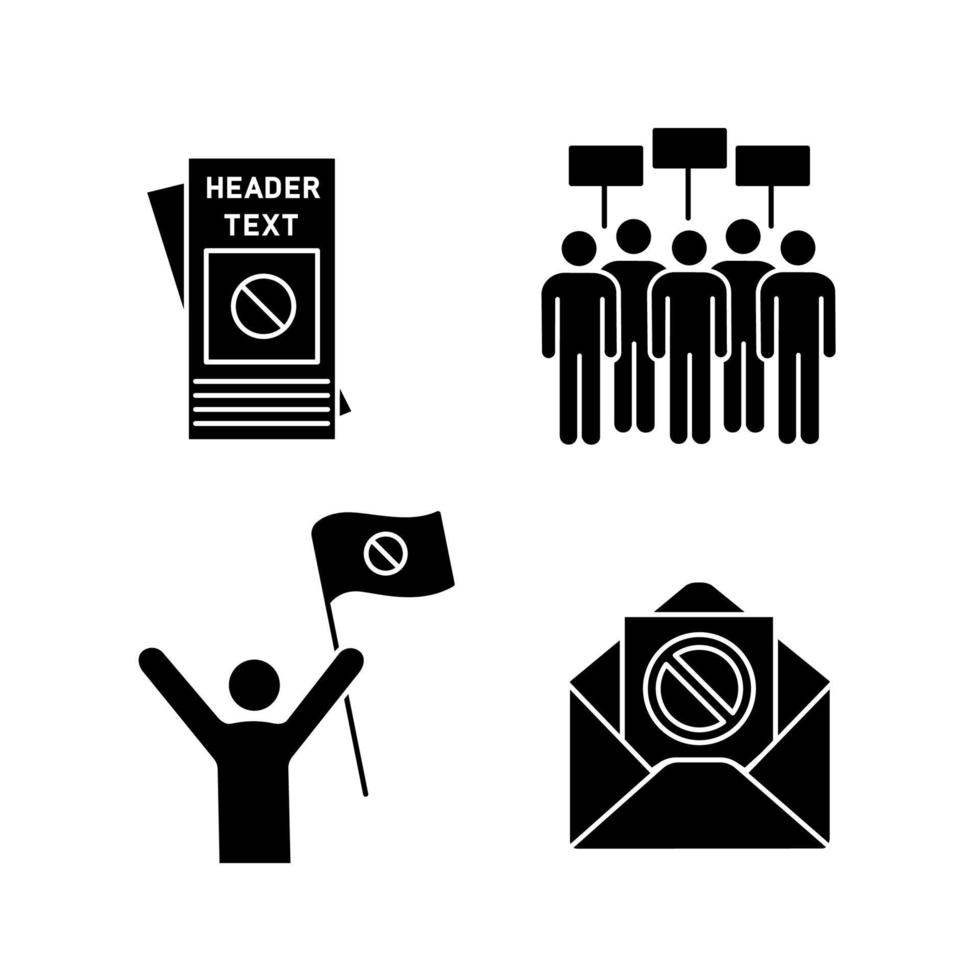 Protest action glyph icons set. Protester, meeting, protest email, leaflet. Silhouette symbols. Vector isolated illustration