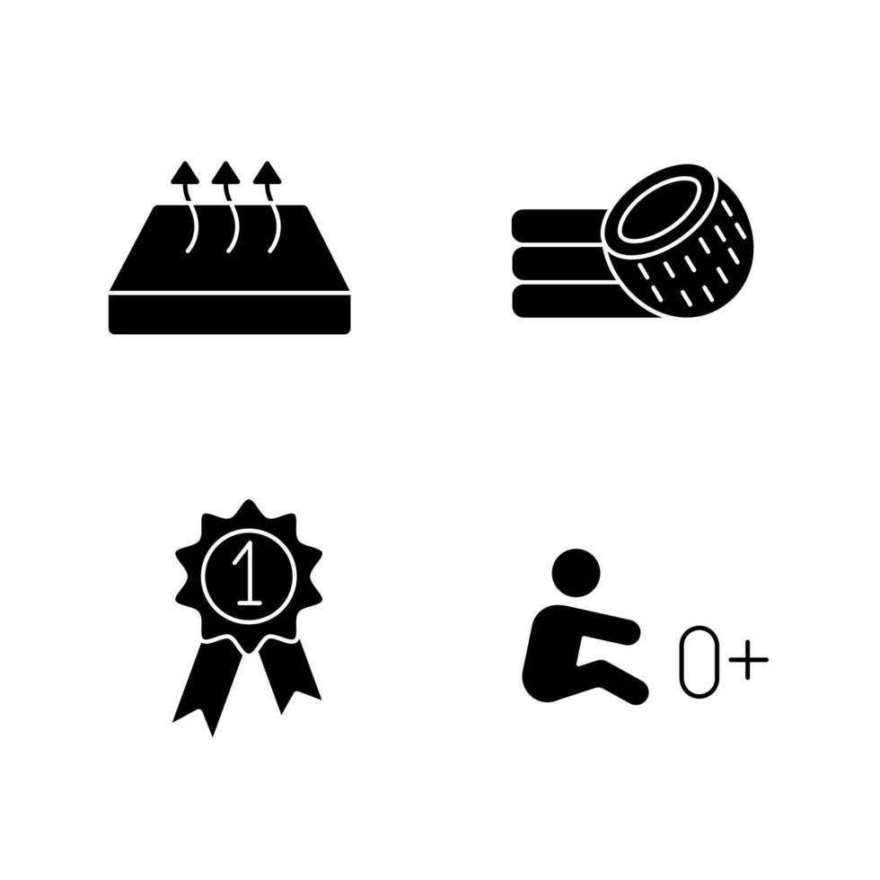 Orthopedic mattress glyph icons set. Breathable material, allowed for newborn, coconut fiber mattress, award medal. Silhouette symbols. Vector isolated illustration