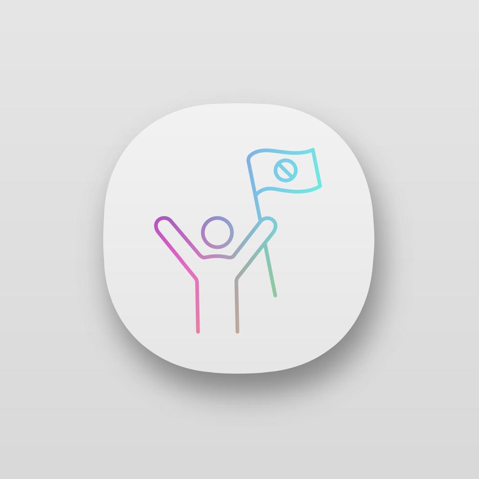 Protester app icon. UI UX user interface. Protest event. Social or political movement. Person holding protest flag. Contentious action. Web or mobile application. Vector isolated illustration