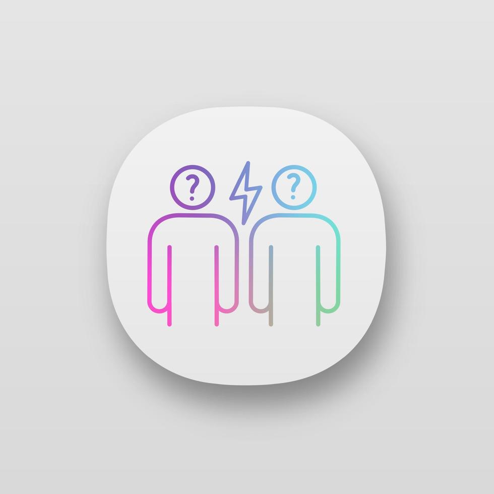 Conflict app icon. UI UX interface. Misunderstanding. Irritation and aggression. Stress symptoms. Communication problems in relations. Disagreement, quarrel, dispute. Vector isolated illustration