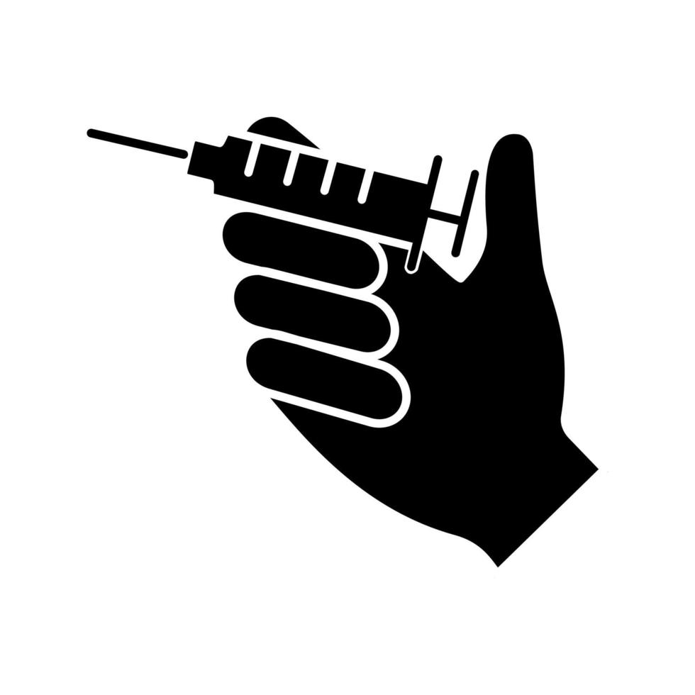 Injection glyph icon. Hand holding syringe. Doctor s hand. Neurotoxin injection. Vaccination. Treatment. Silhouette symbol. Negative space. Vector isolated illustration