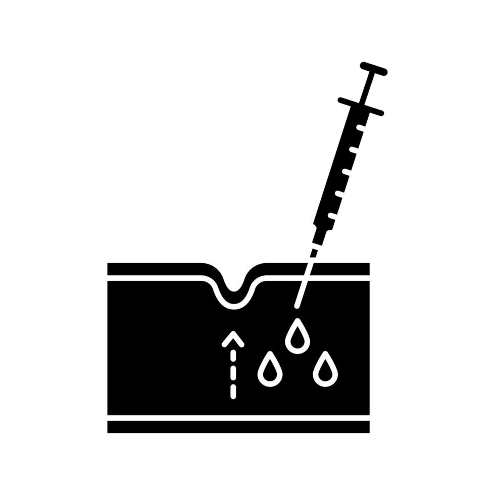 Neurotoxin injection glyph icon. Silhouette symbol. Subcutaneous injection. Facial rejuvenation. Wrinkles reducing process in skin section. Injectable filler. Vector isolated illustration