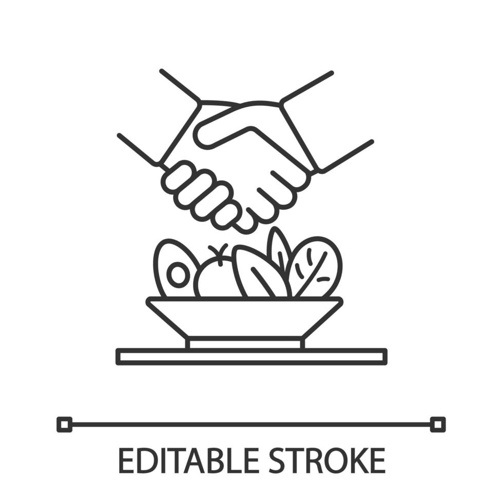 Business lunch menu linear icon. Successful partnership, business deal. Thin line illustration. Handshake and salad. Contour symbol. Vector isolated outline drawing. Editable stroke