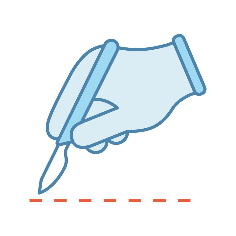 Scalpel skin incision color icon. Plastic surgery. Surgical incision. Surgeon s hand. Isolated vector illustration