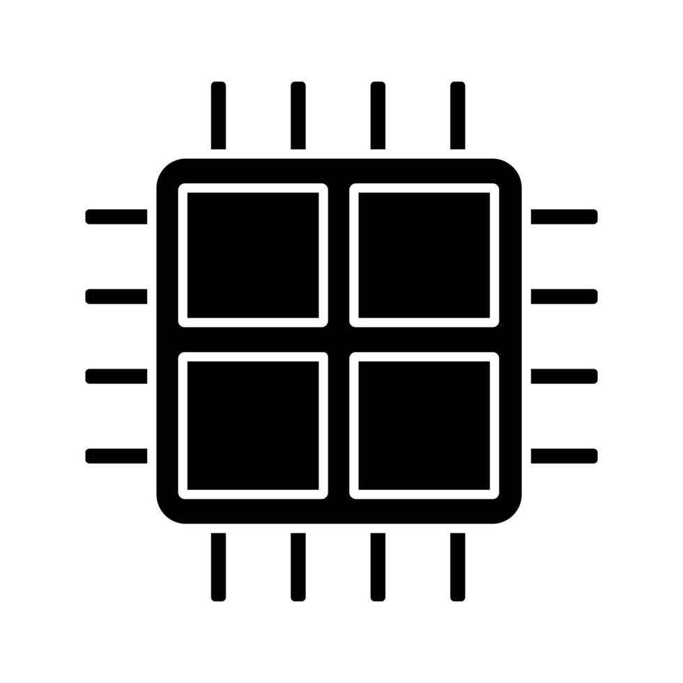 Quad core processor glyph icon. Four core microprocessor. Microchip, chipset. CPU. Computer multi-core processor. Integrated circuit. Silhouette symbol. Negative space. Vector isolated illustration