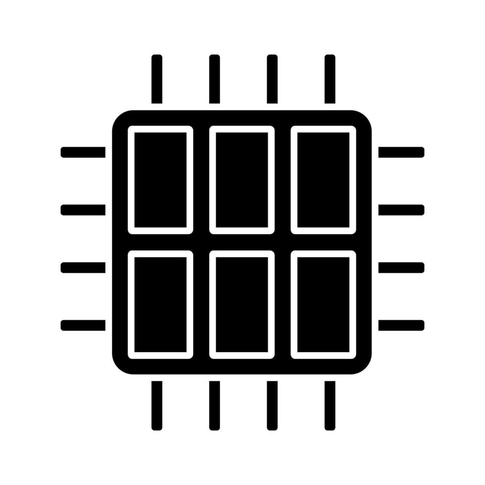 Six core processor glyph icon. Hexa microprocessor. Microchip, chipset. CPU. Computer, phone multi-core processor. Integrated circuit. Silhouette symbol. Negative space. Vector isolated illustration