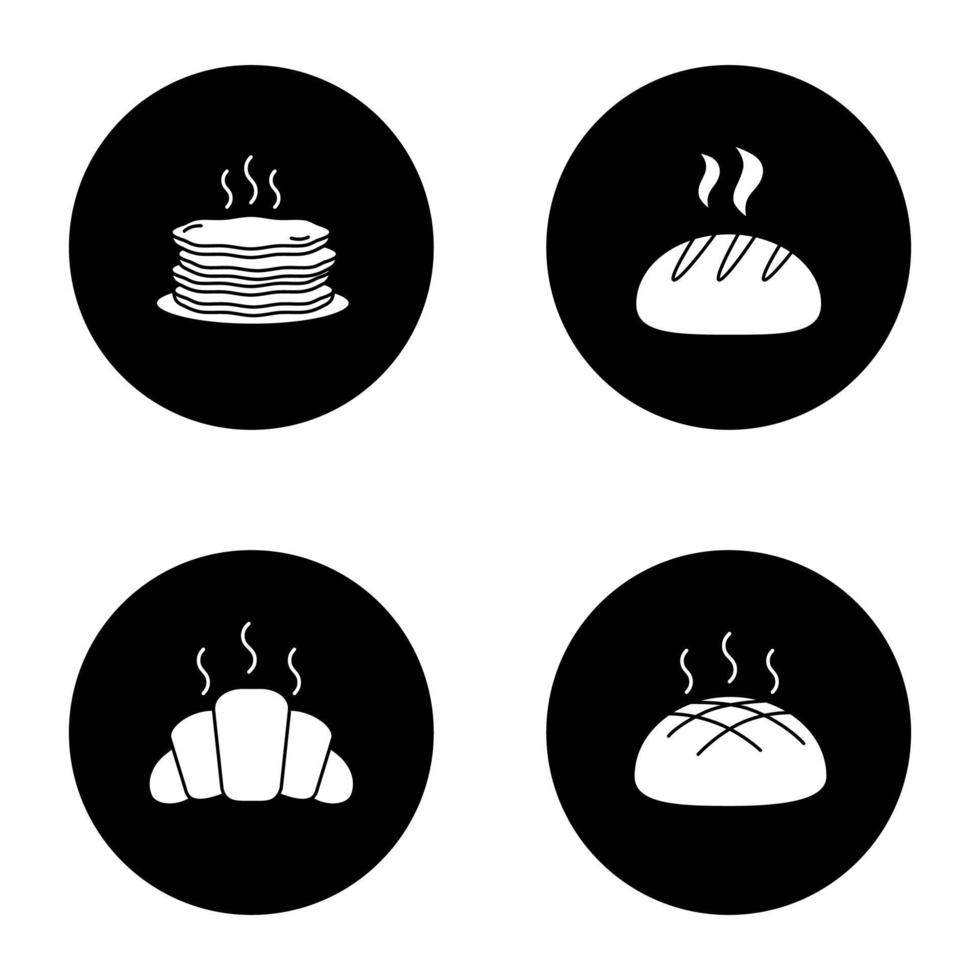 Bakery glyph icons set. Pancakes stack, round bread loaf, croissant, rye bread. Vector white silhouettes illustrations in black circles