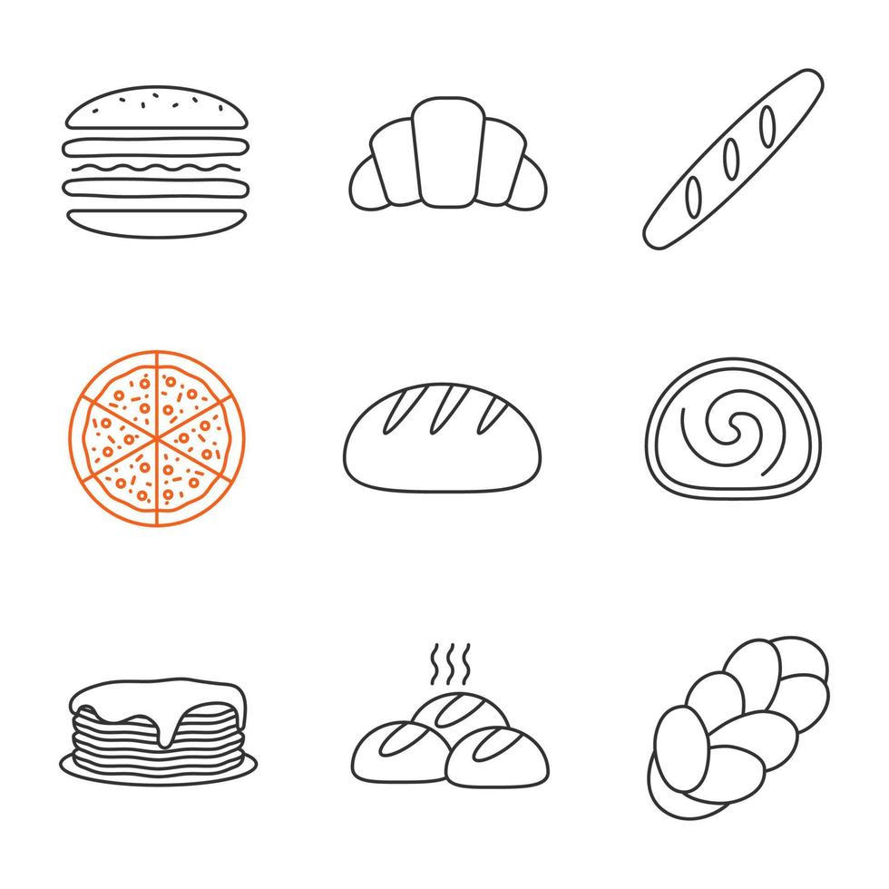 Bakery linear icons set. Burger, croissant, baguette, pizza, round bread, swiss roll, pancakes, rolls, challah. Thin line contour symbols. Isolated vector outline illustrations