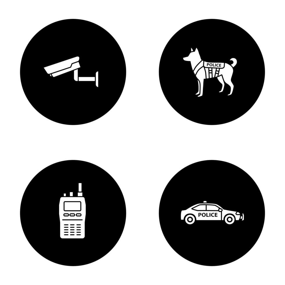 Police glyph icons set. Surveillance camera, military dog, walkie talkie, car. Vector white silhouettes illustrations in black circles