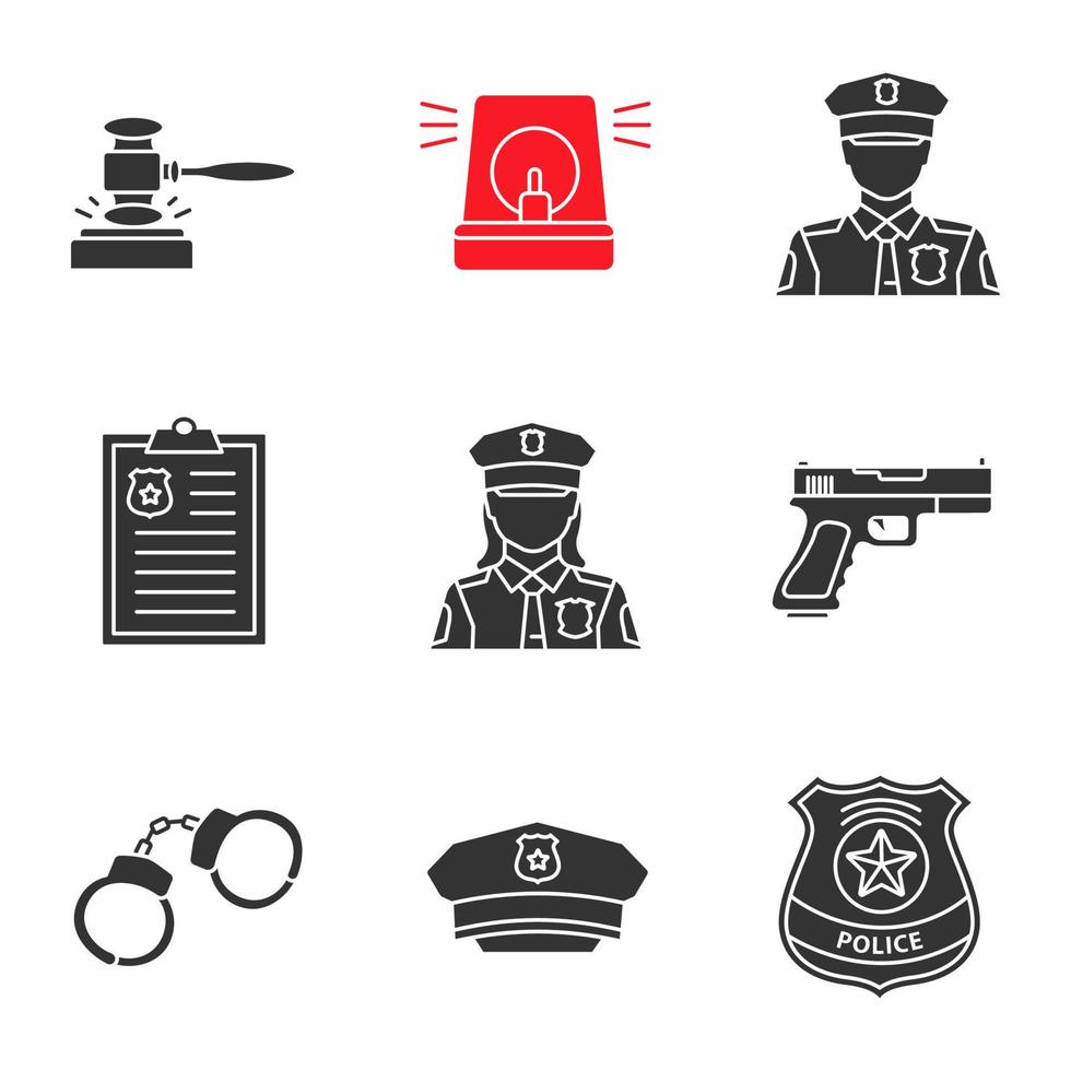 conjunto de iconos de glifo policial. mazo, alarma, policía, informe, pistola, esposas, sombrero, insignia, mujer policía. símbolos de silueta. ilustración vectorial aislada vector